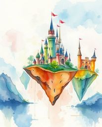 A captivating watercolor painting depicts a vibrant kingdom with majestic floating islands and castles. The artwork showcase