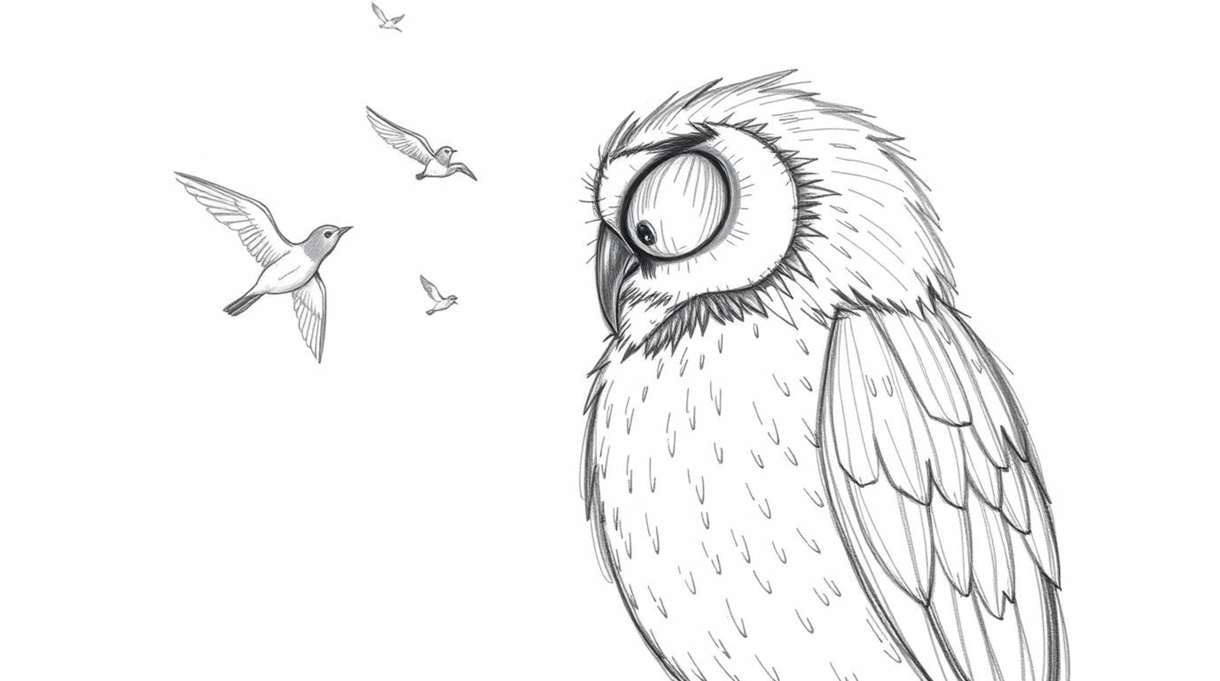 A hand-drawn, Pixar-esque sketch depicts a wise, blind owl with detailed feathers, intently listening to the sounds of birds 