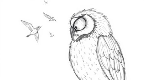 A hand-drawn, Pixar-esque sketch depicts a wise, blind owl with detailed feathers, intently listening to the sounds of birds 