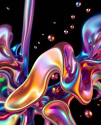 Explore a dynamic abstract composition featuring colorful 3D fluid shapes and geometric forms, highlighted by iridescent colo
