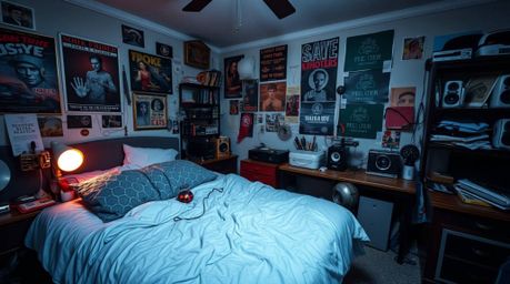 A high-resolution stock photo depicting a messy bedroom filled with unusual gadgets and posters. The image is styled with a s