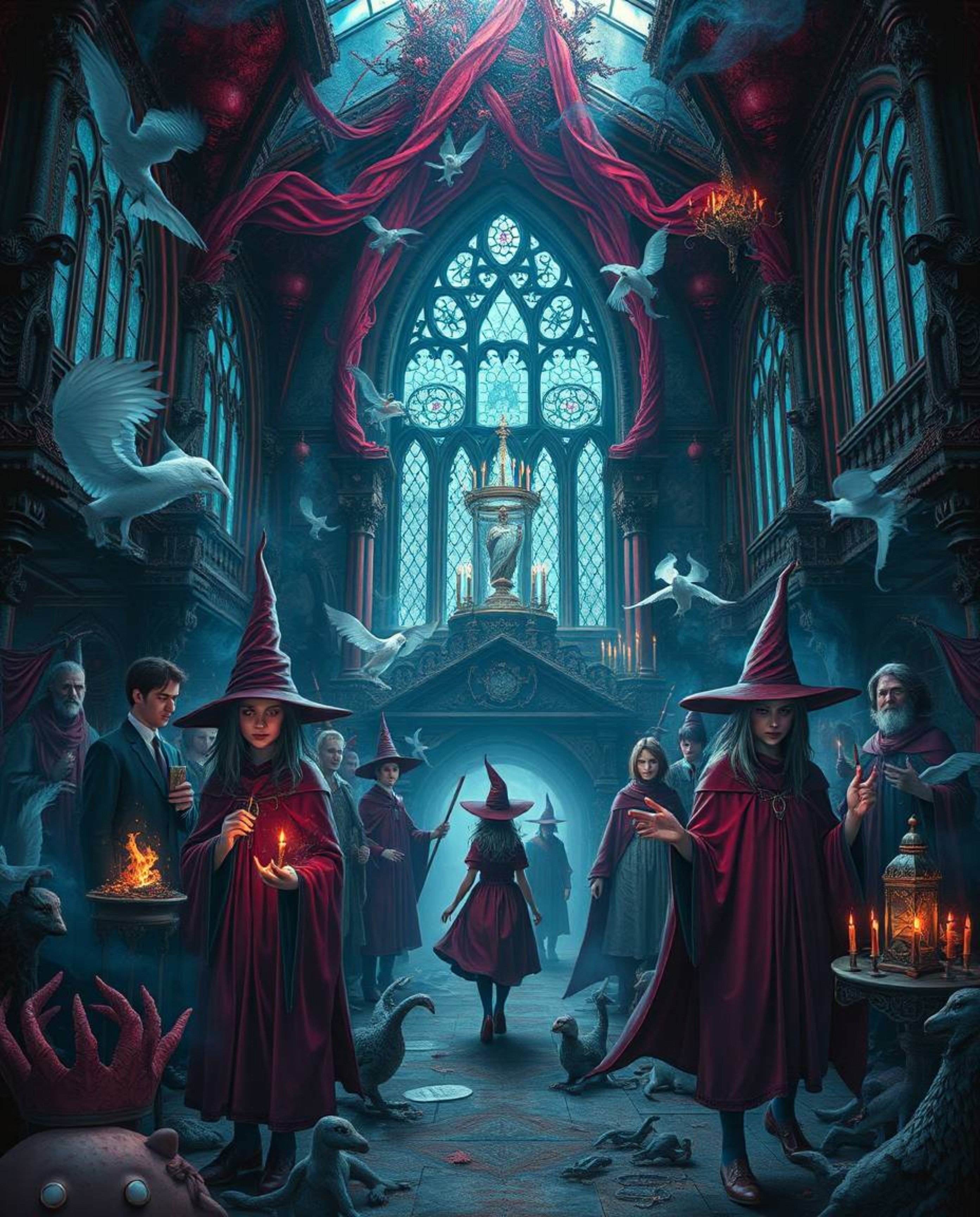 Explore a dreamlike, surreal depiction of a magical school teeming with young wizards, rendered in rich burgundy and deep blu