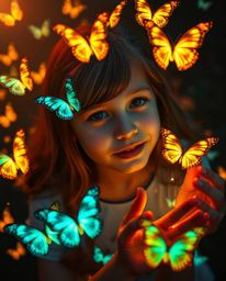 This image captures a magical moment of a girl releasing butterflies that glow with bioluminescent colors. The scene is enhan