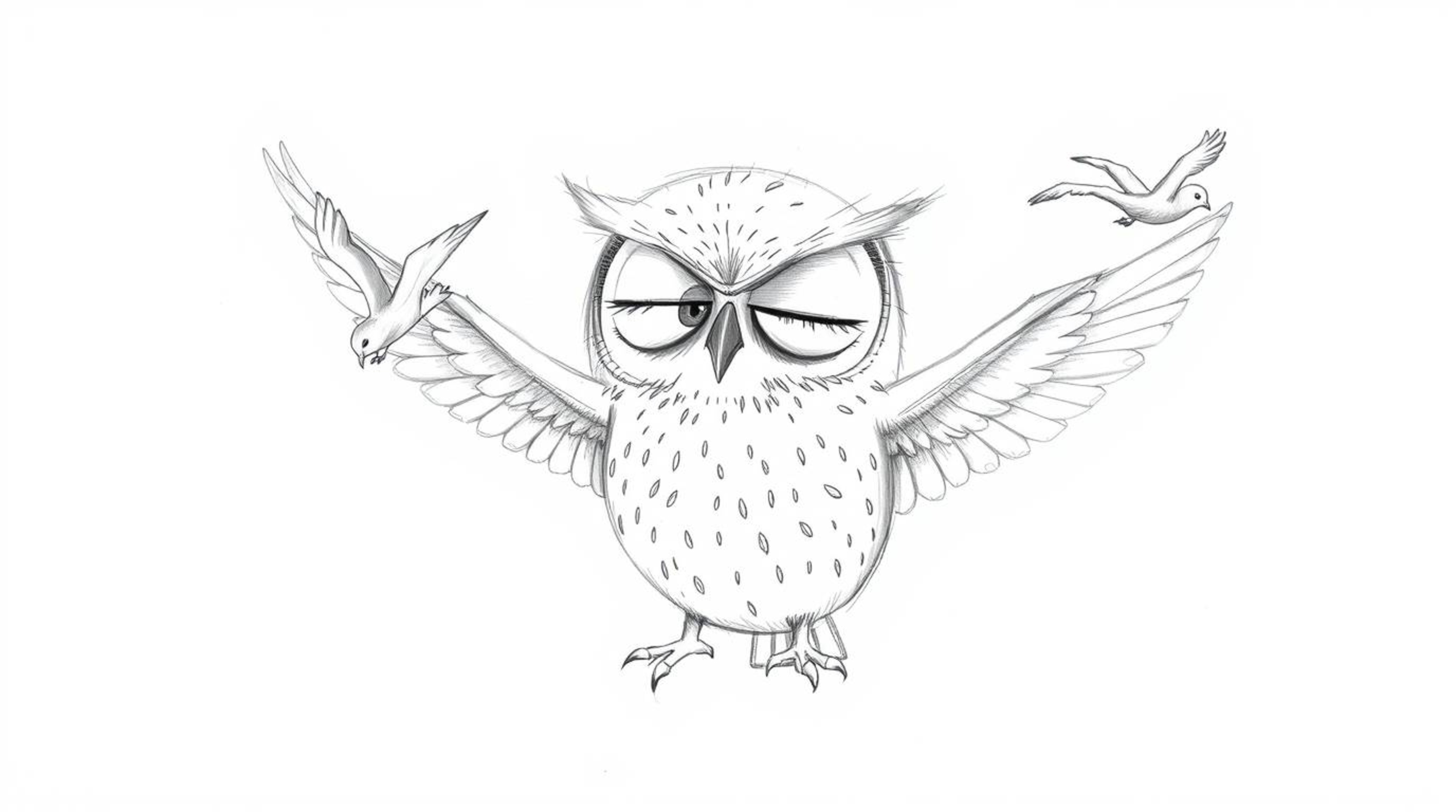 A heartwarming hand-drawn sketch in the style of Pixar depicts a blind owl, eyes gently closed, guiding and teaching birds to