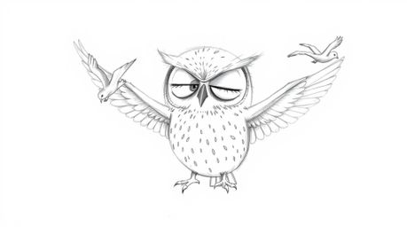 A heartwarming hand-drawn sketch in the style of Pixar depicts a blind owl, eyes gently closed, guiding and teaching birds to