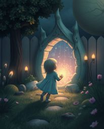A child with ethereal features stumbles upon a magical portal hidden in their backyard. This whimsical scene unfolds in a dr