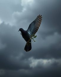 A jet black dove soars through stormy skies carrying an olive branch, rendered in pure black with deep shadows to create a dr