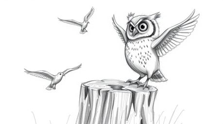 A rough, textured pencil sketch depicts a blind owl, rendered in Pixar style with expressive eyes, cheering from a tree stump