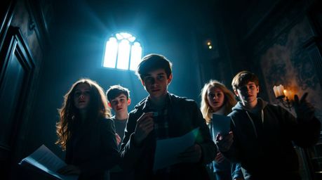 A captivating high-resolution stock photo depicts a group of determined teenagers engrossed in solving a mystery within a gra