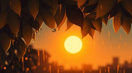 This image features a modern flat design illustration bathed in a warm golden glow, with a sunset reflecting in raindrops on 