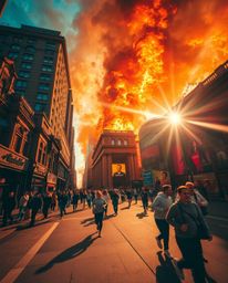 Immerse yourself in a captivating architectural color photography series depicting a city engulfed in flames. Witness the cha