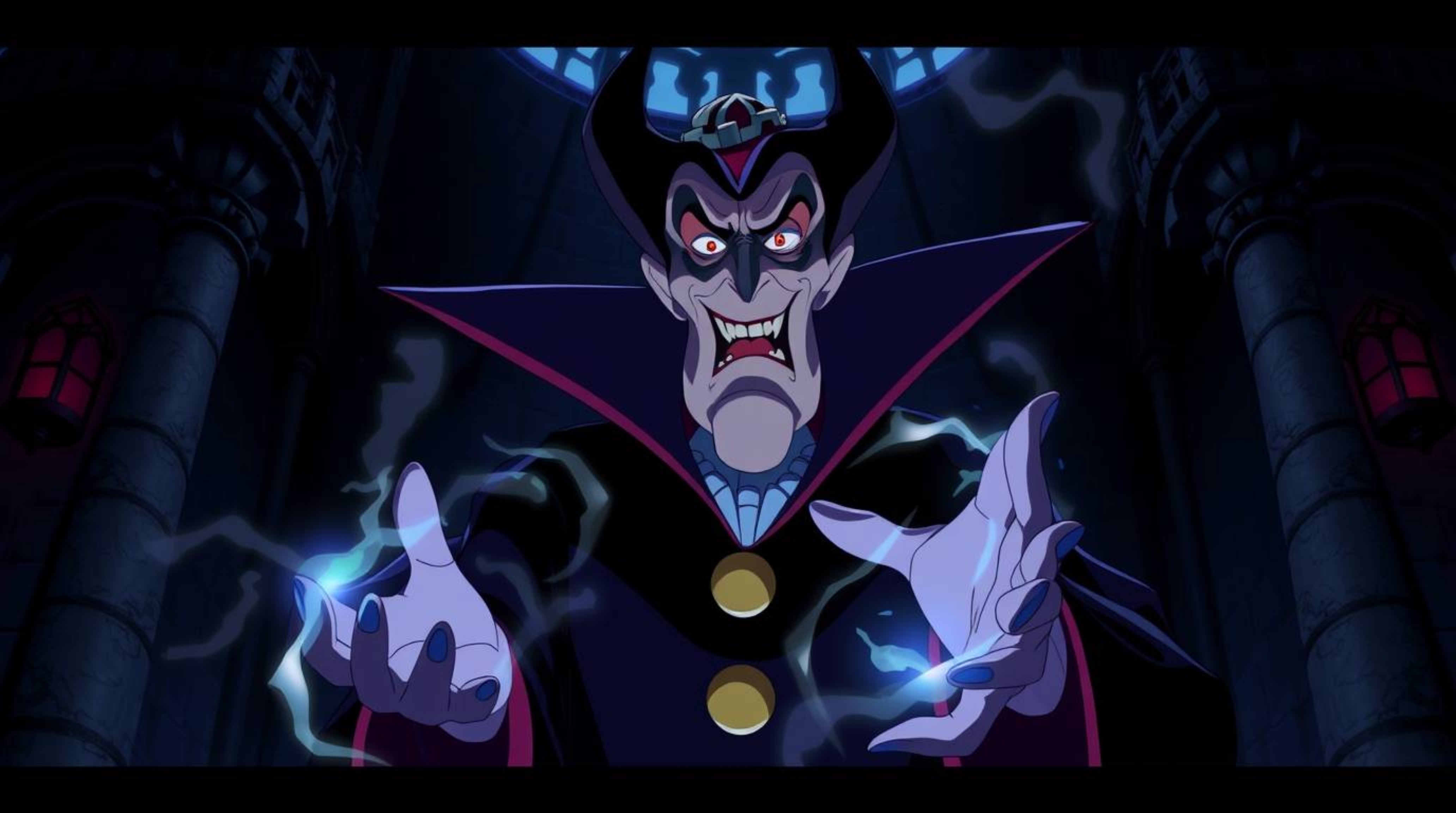 A captivating image depicting a classic Disney villain, rendered in a striking Isekai anime style.  The villain, with express