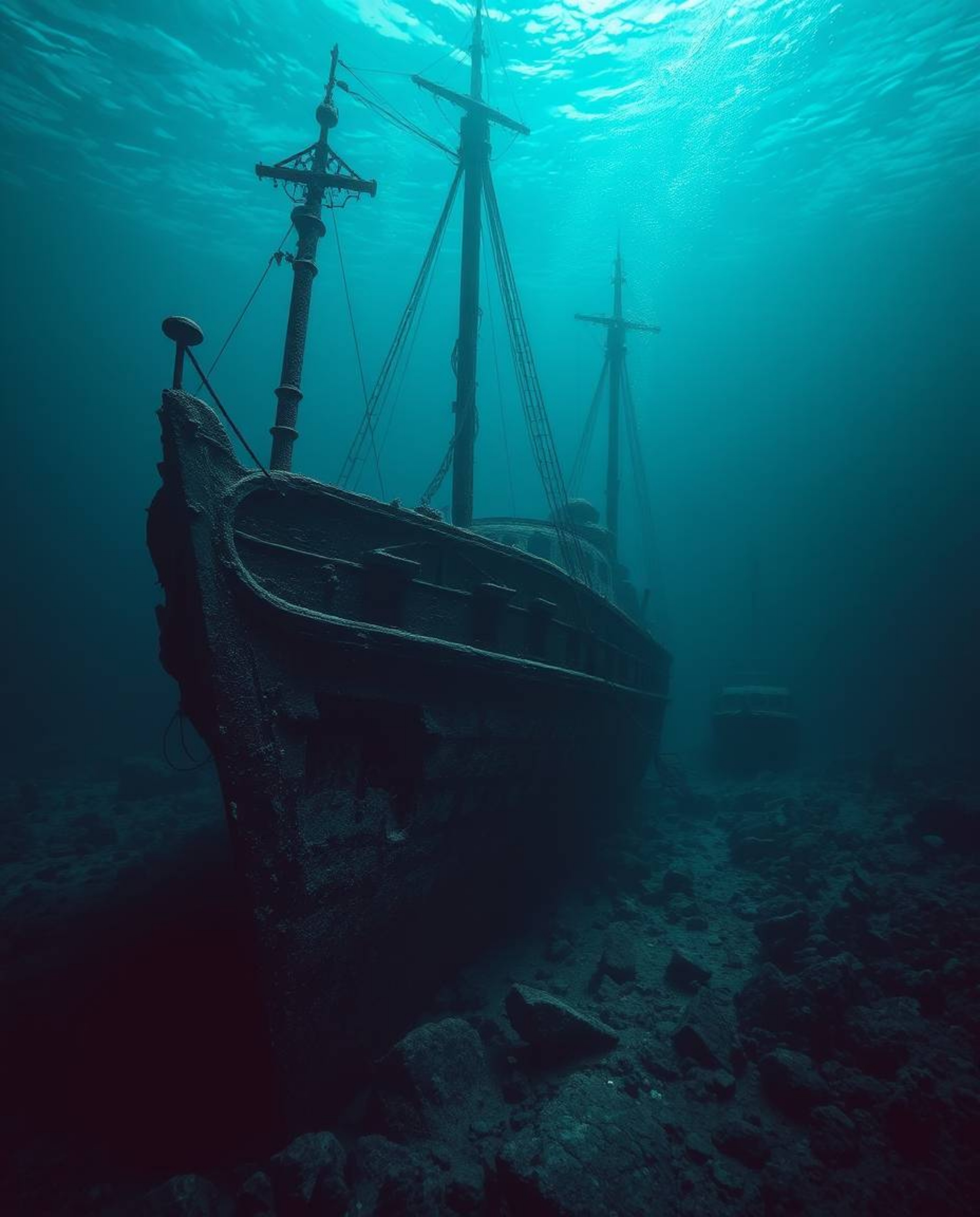 Discover a mesmerizing underwater shipwreck scene rendered in soft, dreamy hues of burgundy and deep blue.  This sophisticate