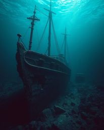 Discover a mesmerizing underwater shipwreck scene rendered in soft, dreamy hues of burgundy and deep blue.  This sophisticate