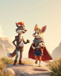 A heartwarming high-resolution stock photo featuring a charming talking animal sidekick assisting a brave hero on their epic 