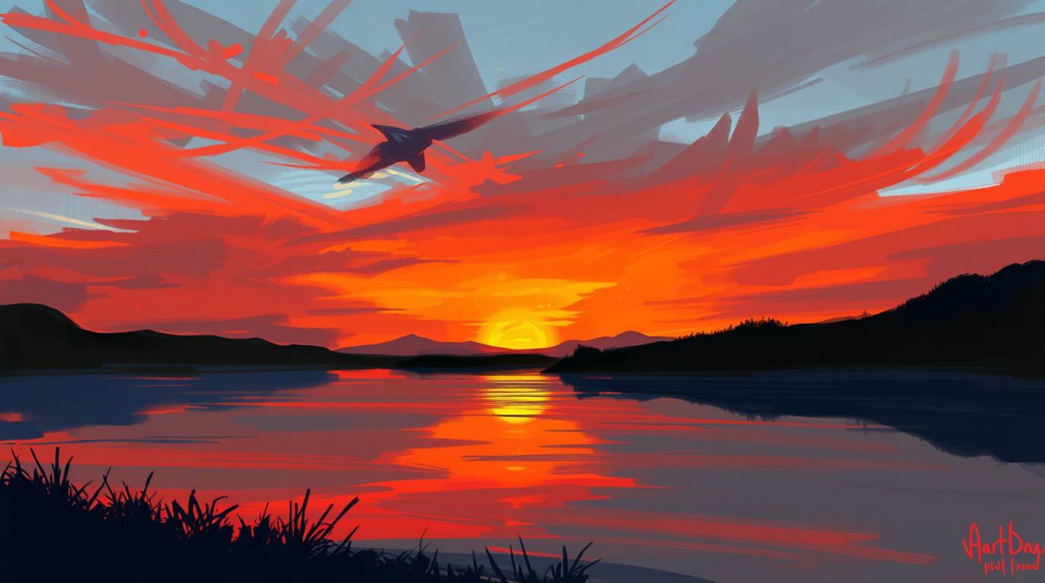 A captivating digital sketch depicts a serene lake mirroring the vibrant hues of a vivid sunset sky.  The artwork features ro