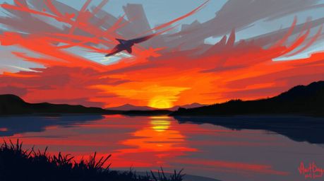 A captivating digital sketch depicts a serene lake mirroring the vibrant hues of a vivid sunset sky.  The artwork features ro