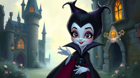 A charming and cute Disney villain with refined features is captured in a captivating oil painting style, casting a spell wit