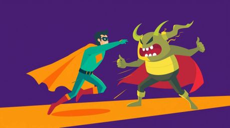 This vibrant illustration depicts a dynamic battle between a classic superhero, complete with a cape, and a quirky villain. T