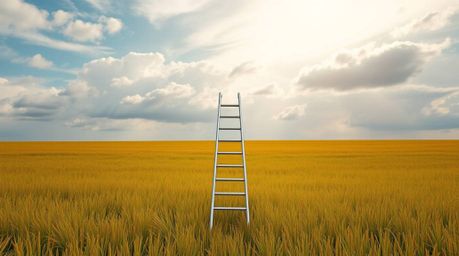A captivating minimalist scene featuring a silver ladder standing in an open field under a wide, cloudy sky, rendered in an i