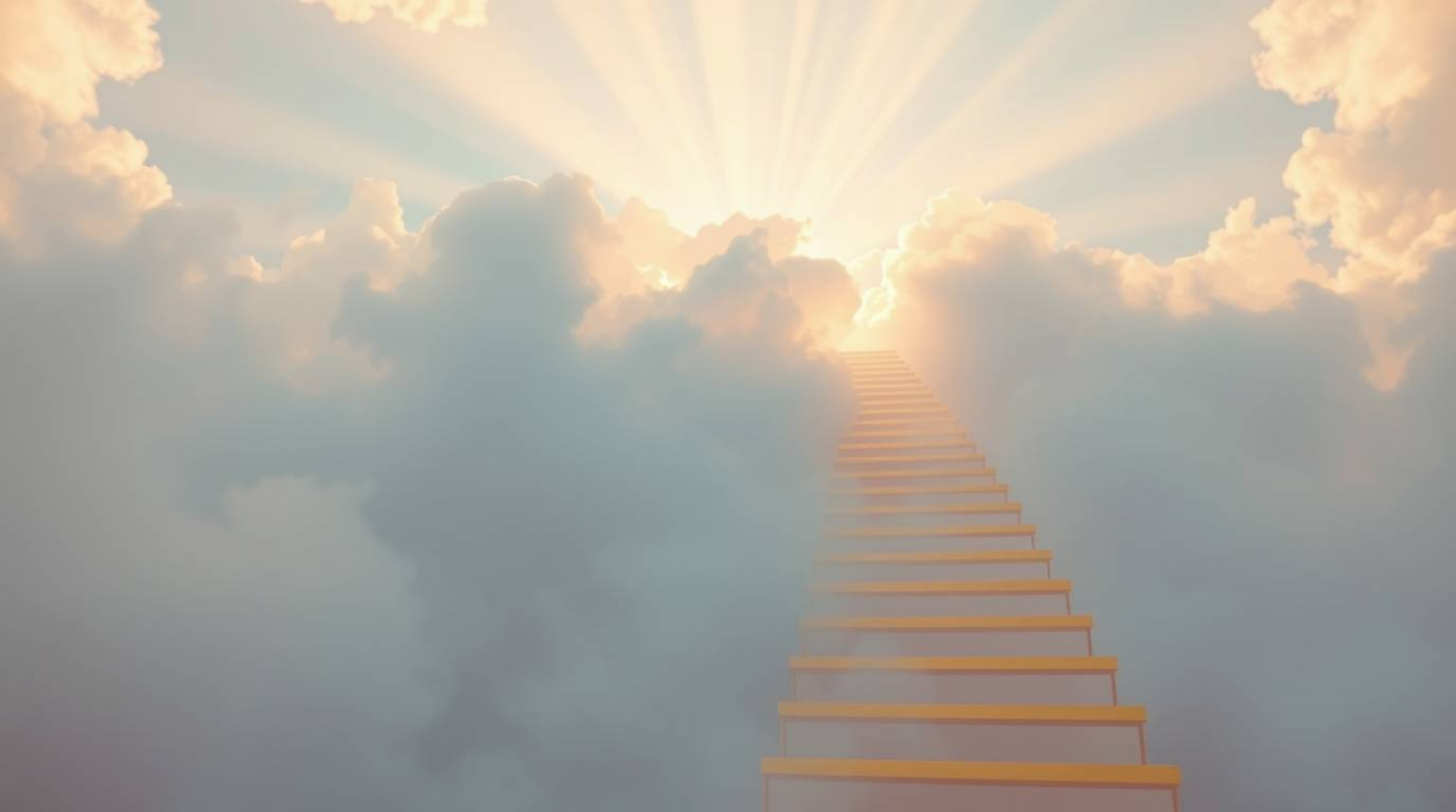 A golden staircase rises through clouds to a glowing heaven, bathed in soft pastel colors and volumetric lighting. Visible li