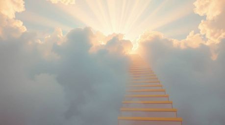 A golden staircase rises through clouds to a glowing heaven, bathed in soft pastel colors and volumetric lighting. Visible li