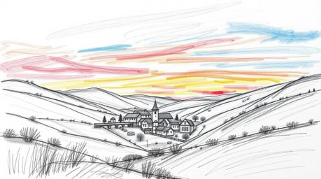 A hand-drawn sketch depicts a cozy village nestled in a valley beneath a vibrant, colorful sky. The artwork utilizes distinct