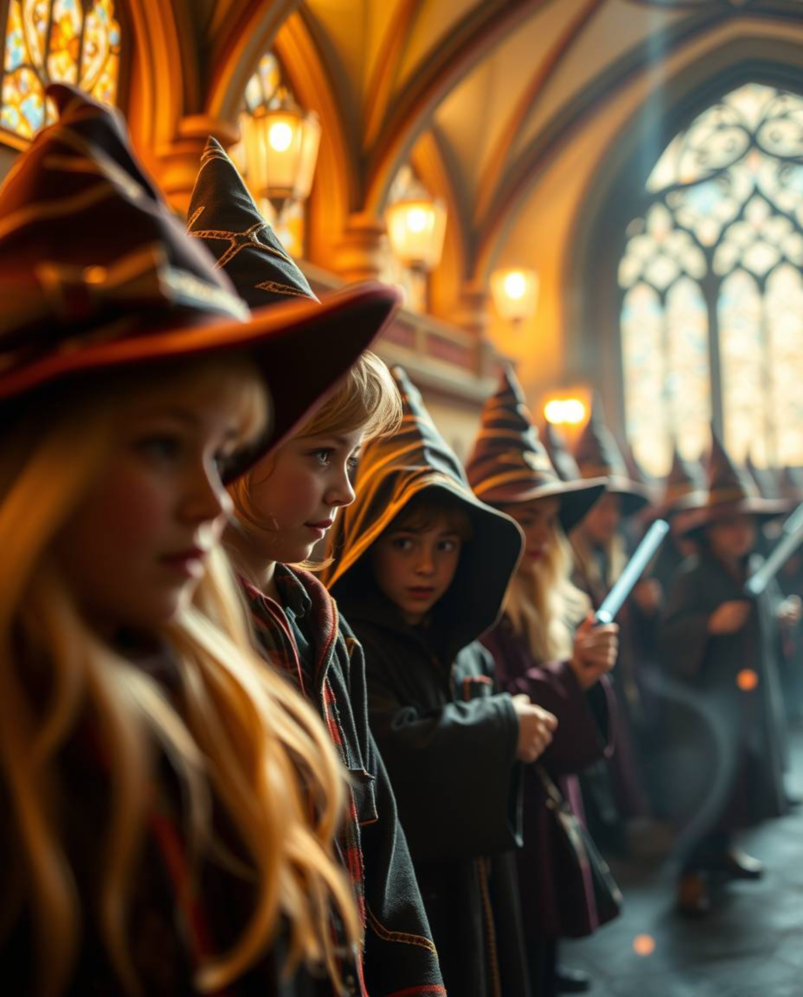 An extreme macro close-up showcases a magical school brimming with young wizards.  The image features intricate details, arti
