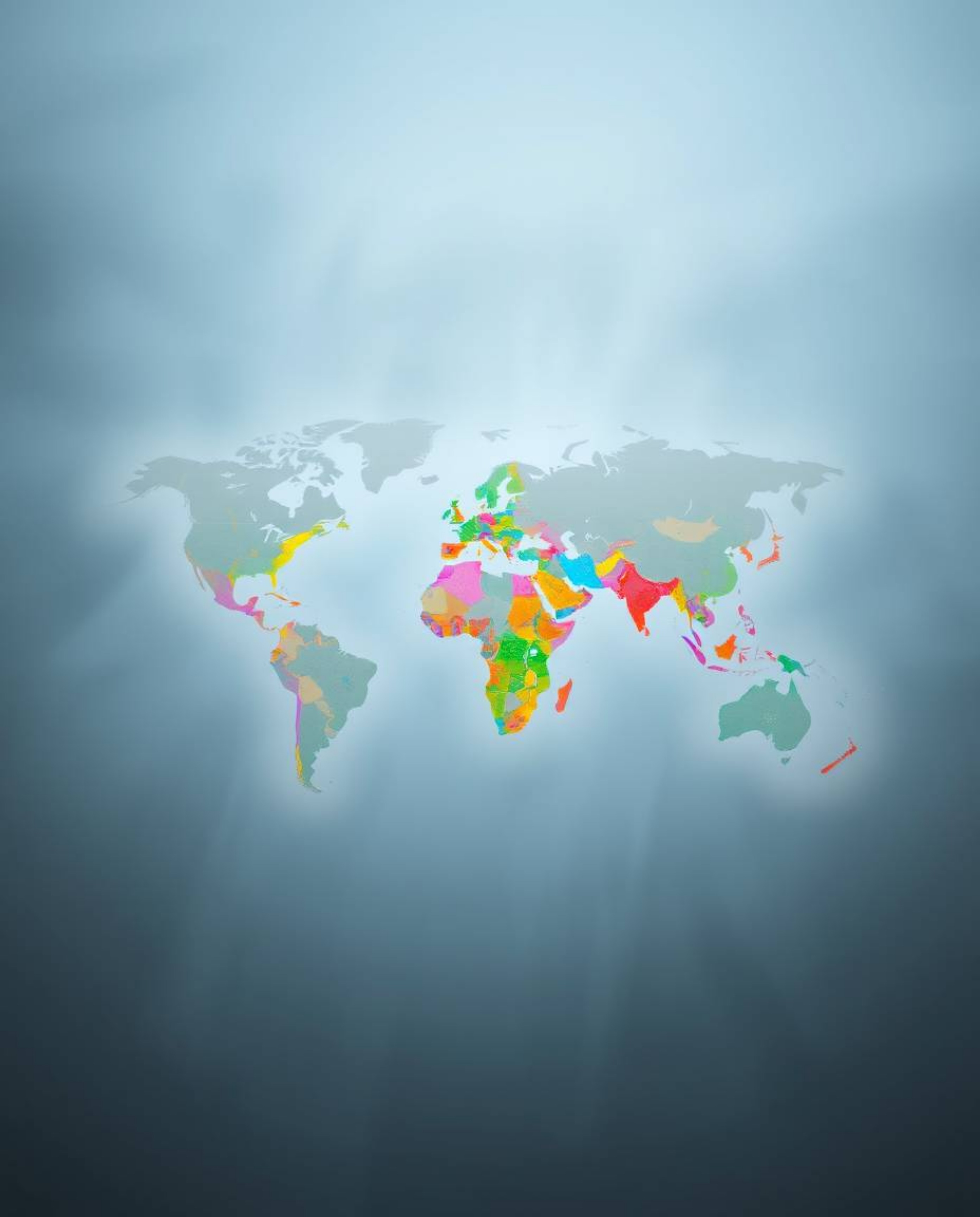 This high-resolution stock photo features a unique world map constructed from vibrant, colorful splashes, shrouded in a thick