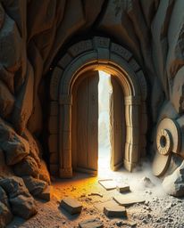Explore an ancient doorway etched with glowing runes, nestled within a mountainside sculpted from layered papier-mâché. Witne