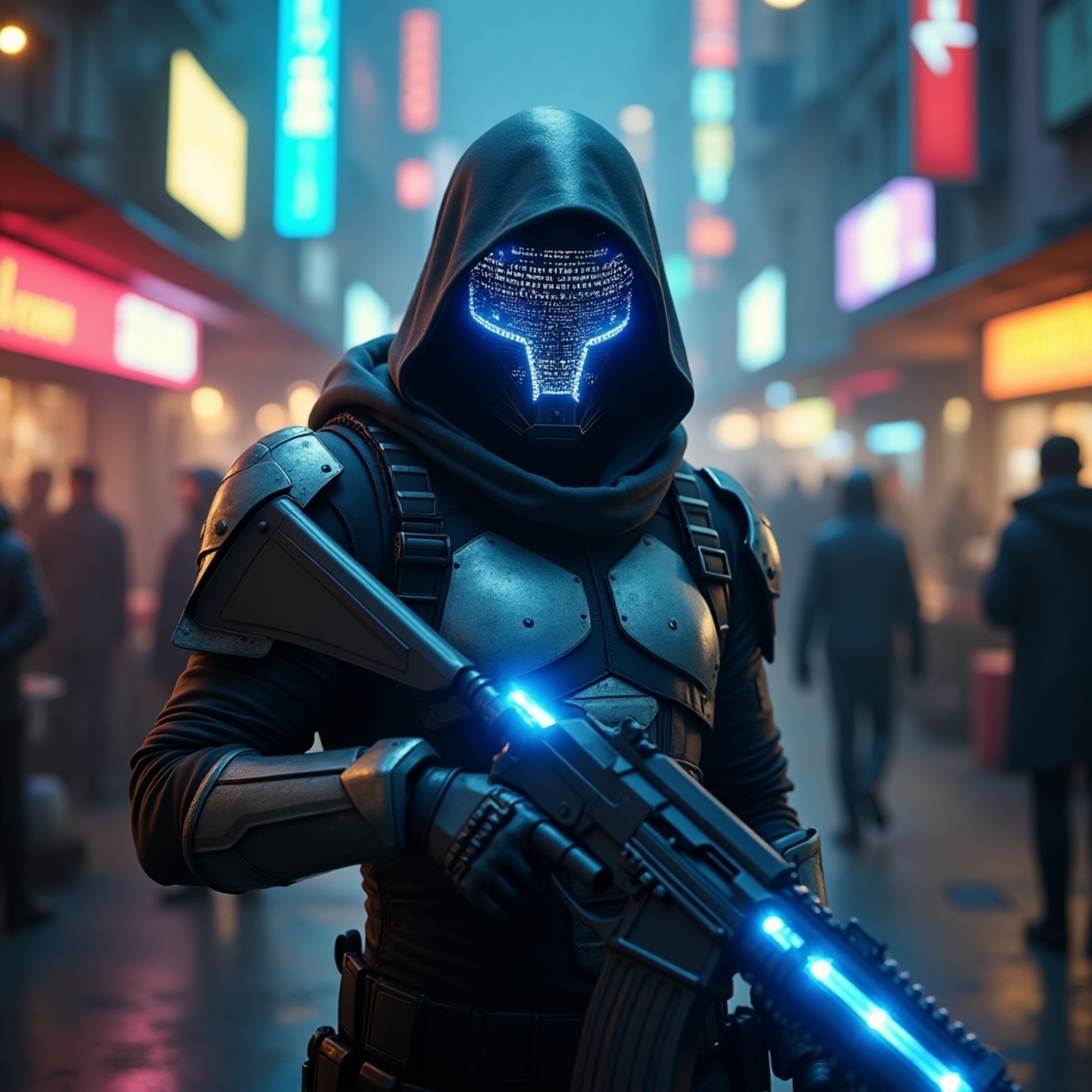 In a crowded, dimly lit marketplace buzzing with neon signs and holographic advertisements, a futuristic bounty hunter stands