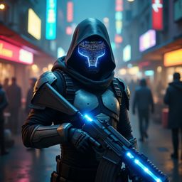 In a crowded, dimly lit marketplace buzzing with neon signs and holographic advertisements, a futuristic bounty hunter stands