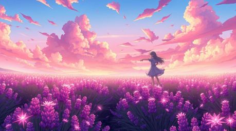 Immerse yourself in a captivating isekai anime-style illustration showcasing lavender fields bathed in the ethereal glow of a