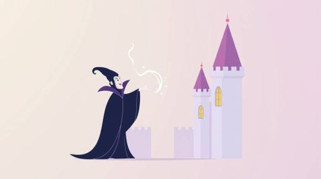 This artwork presents a modern flat design with soft pastel colors, depicting a classic Disney villain casting a spell within