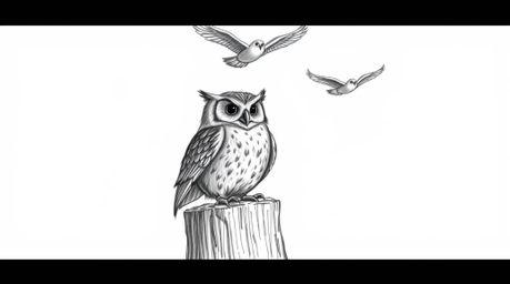 A heartwarming scene depicts a blind owl, rendered in Pixar's signature style, perched proudly on a tree stump. With hand-dra