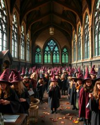 Explore a magical school brimming with young wizards, bathed in the warm hues of autumn and radiating a cozy, earthy ambiance