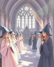 Experience a graceful and elegant portrayal of a magical school brimming with young wizards. This artwork is rendered in soft