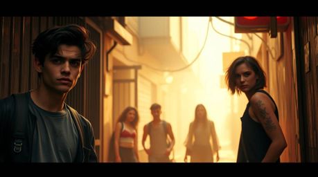 Discover stunning cinematic images featuring a grungy city alley with rebellious teens.  The photos showcase a warm, soft haz