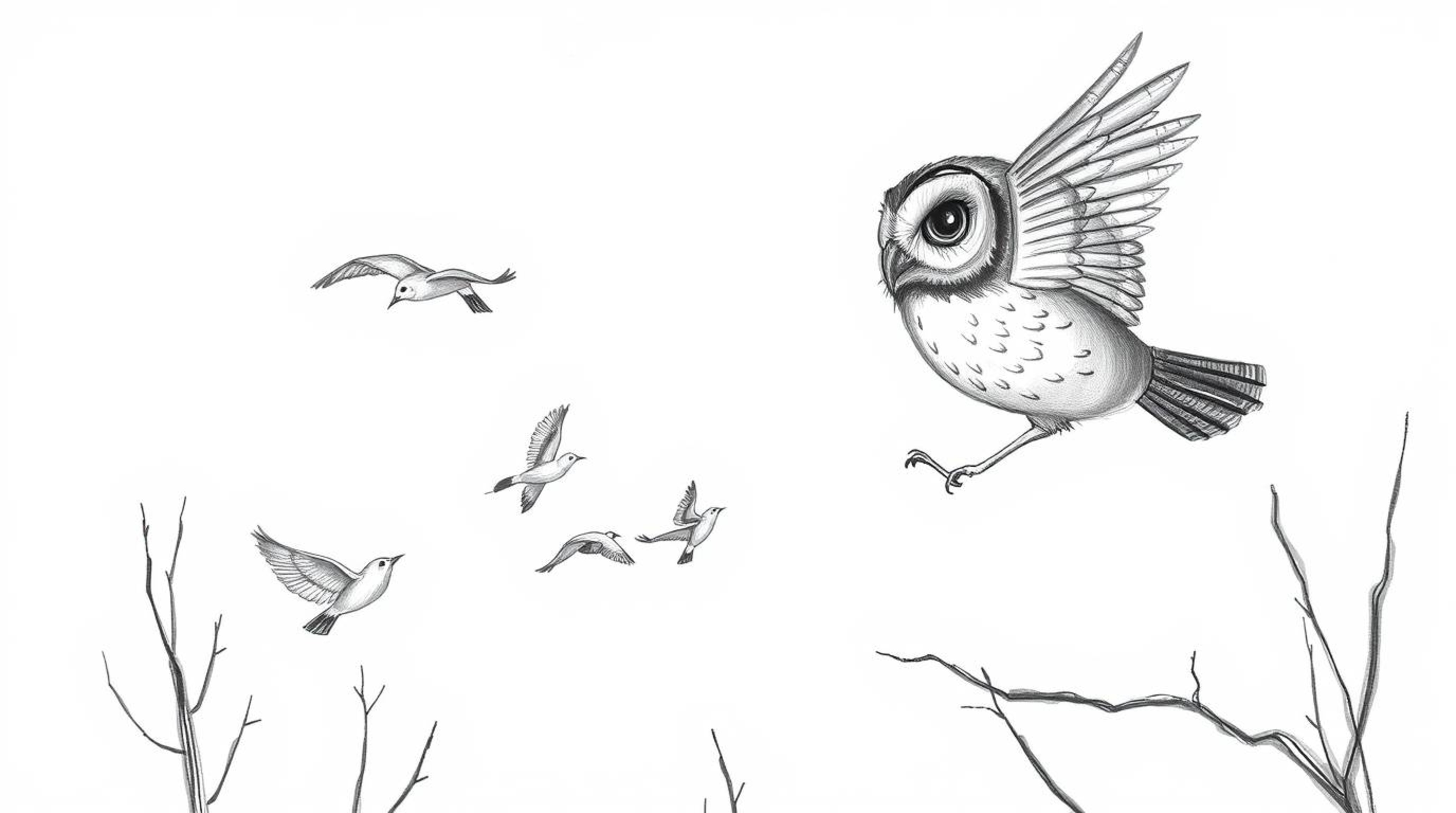 A heartwarming Pixar-style hand-drawn sketch depicts a blind owl, its textured feathers meticulously rendered in pencil, pati