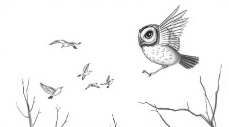 A heartwarming Pixar-style hand-drawn sketch depicts a blind owl, its textured feathers meticulously rendered in pencil, pati
