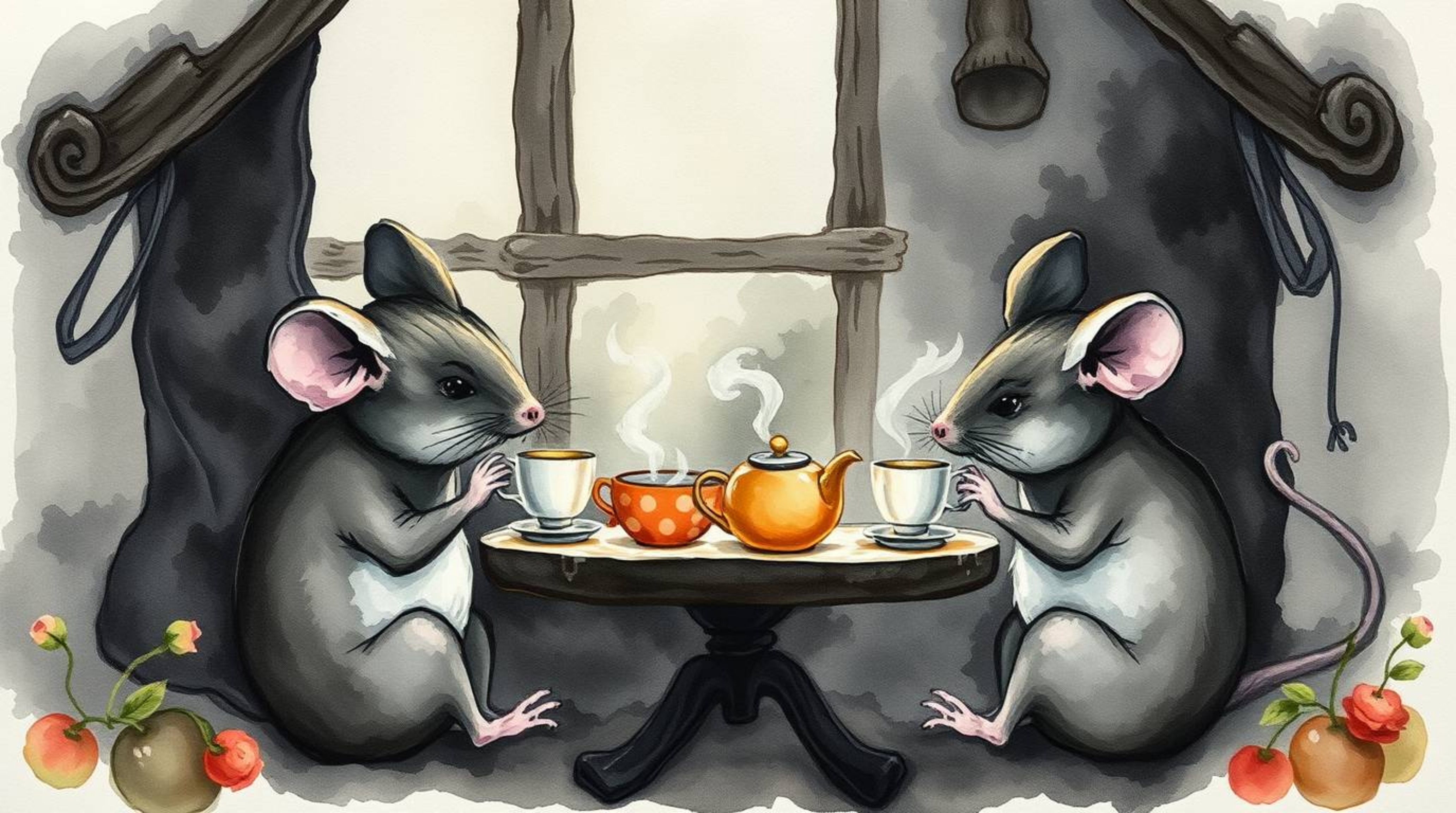 A stunning watercolor painting depicts anthropomorphic mice enjoying a tea party in a cozy cottage.  The artwork features int