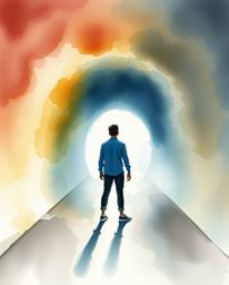 A captivating watercolor painting depicts a person standing at a tunnel's edge, gazing towards a radiant light source.  The a
