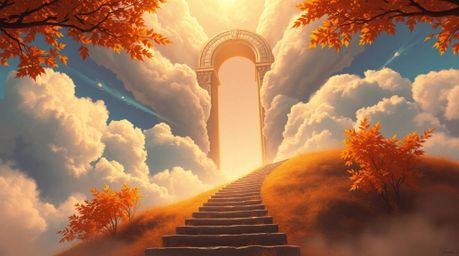 A digital painting depicting a dramatic heavenly gate floating above the clouds, bathed in warm autumn colors. The low angle 