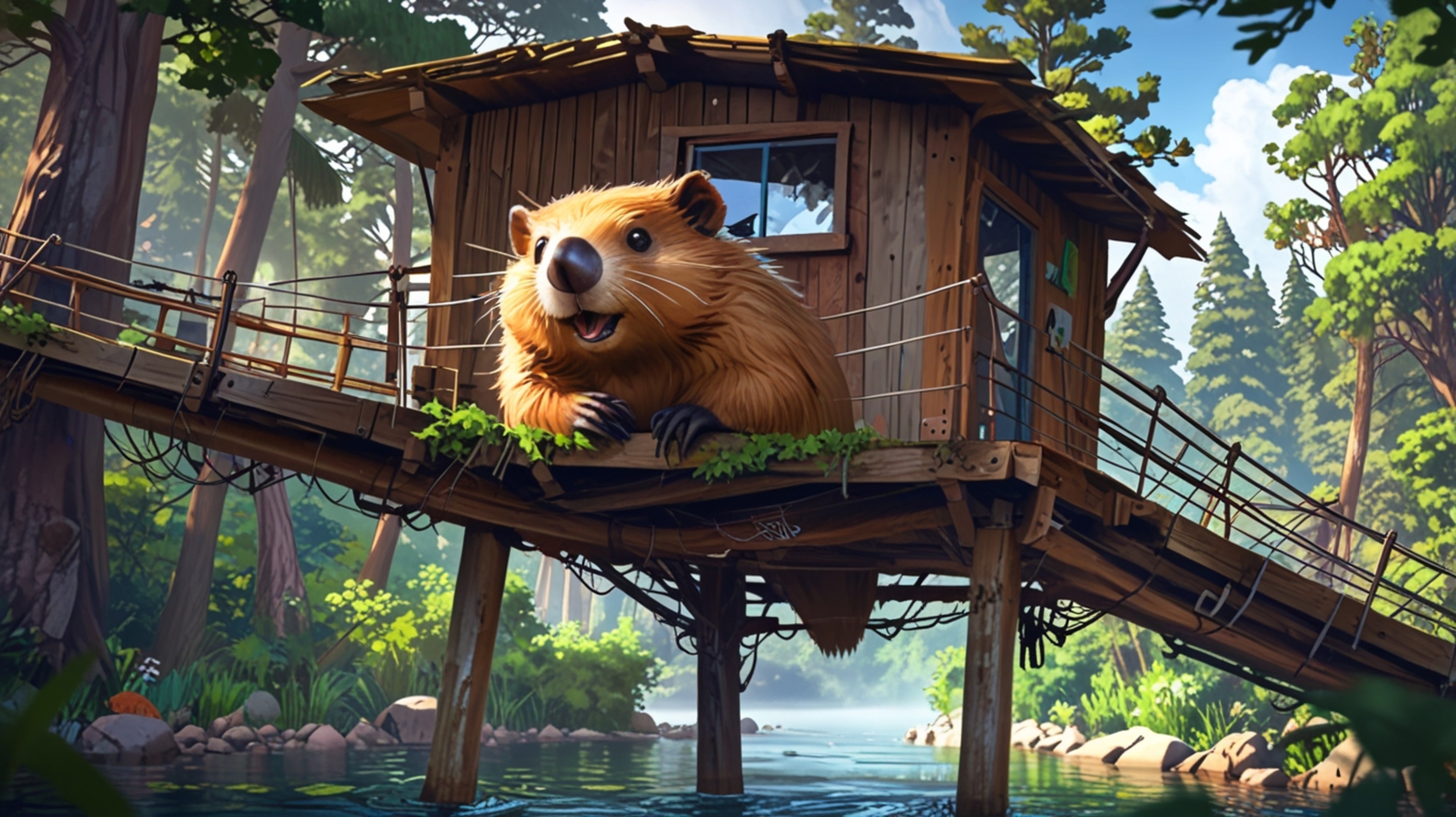 In a whimsical scene that blends the styles of Pixar and anime, a beaver is depicted with the perfect treehouse it has constr