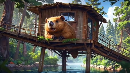 In a whimsical scene that blends the styles of Pixar and anime, a beaver is depicted with the perfect treehouse it has constr