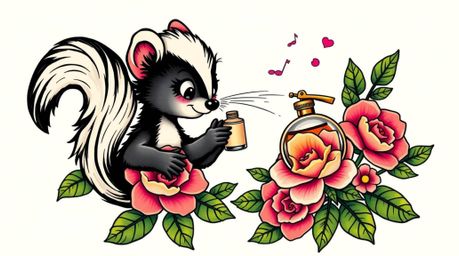 This vibrant art print features a cartoon skunk playfully spraying perfume on flowers in a symbolic traditional tattoo style.