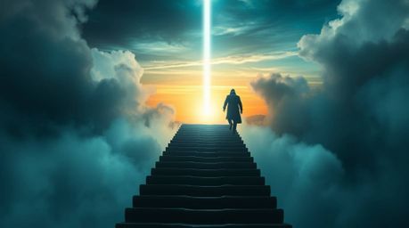 A lone figure's ascent up a stone staircase toward a divine light beam set against a backdrop of thick smoke and a vibrant su