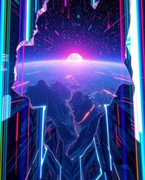 Explore a mesmerizing high-angle digital glitch landscape, breaking apart with electric vivid colors. This digital illustrati