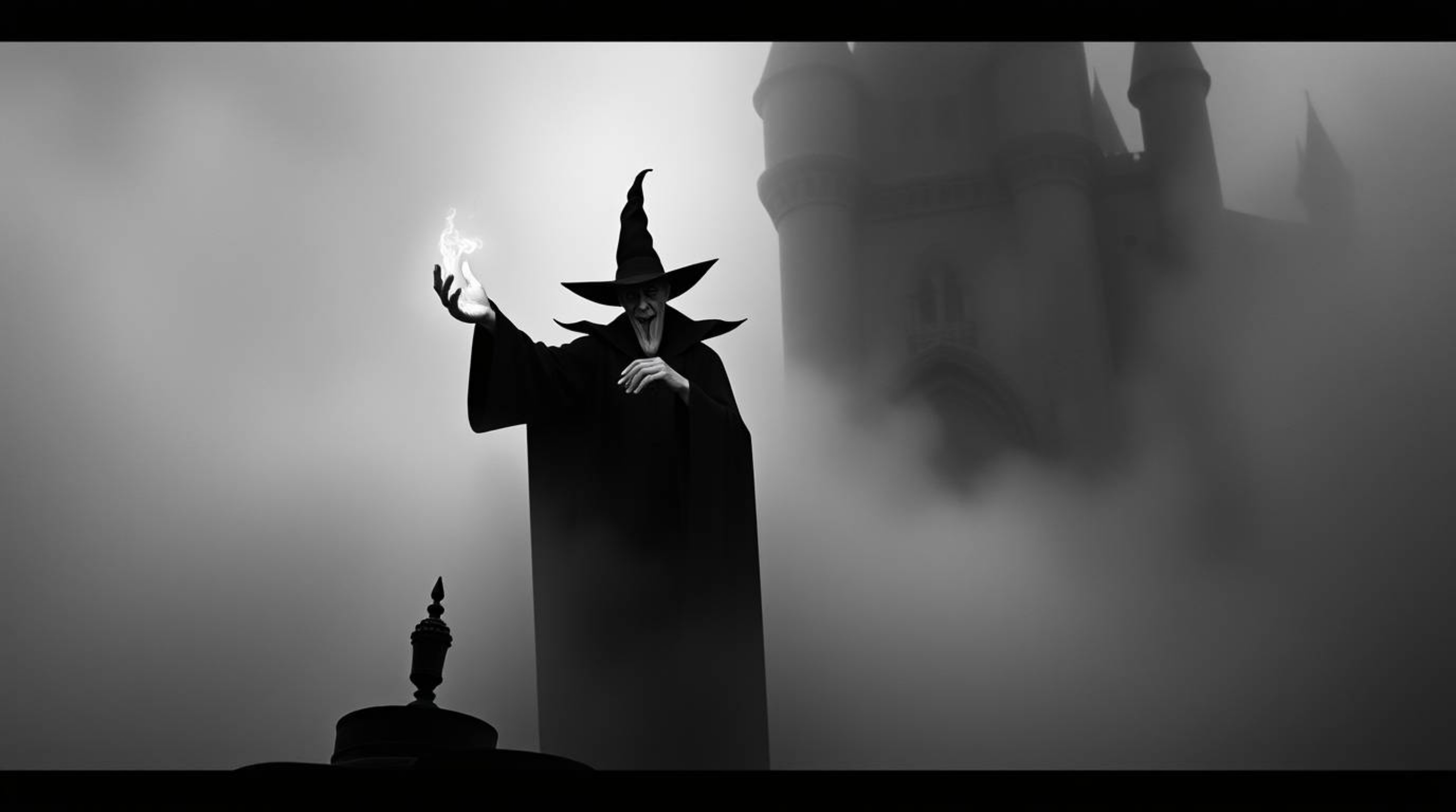 A captivating black and white image depicts a classic Disney villain shrouded in thick fog, casting a spell within the ancien