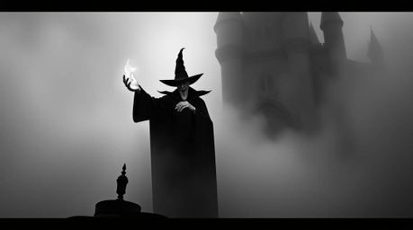 A captivating black and white image depicts a classic Disney villain shrouded in thick fog, casting a spell within the ancien